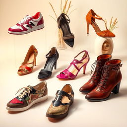 A collection of stylish and fashionable shoes displayed artistically, showcasing various designs including sneakers, high heels, sandals, and boots