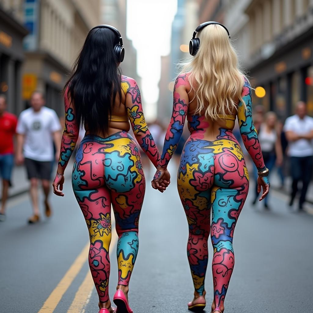 On a busy city street, in the distance, two beautiful girls with very wide hips and thick shapely legs are walking toward the viewer