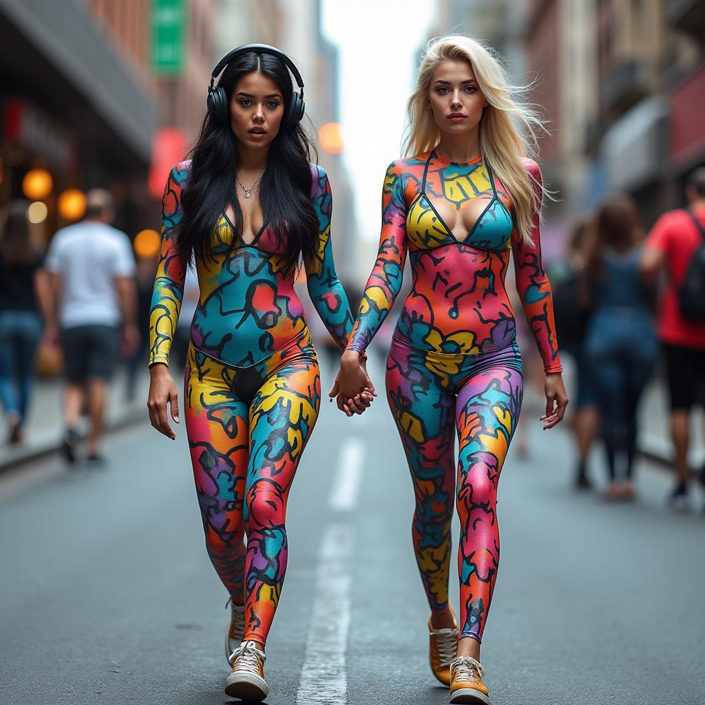 On a busy city street, in the distance, two beautiful girls with very wide hips and thick shapely legs are walking toward the viewer
