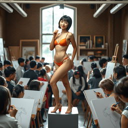 A slim Asian lady with a bobcut hairstyle, confidently posing in a bikini on a pedestal for a crowded art class