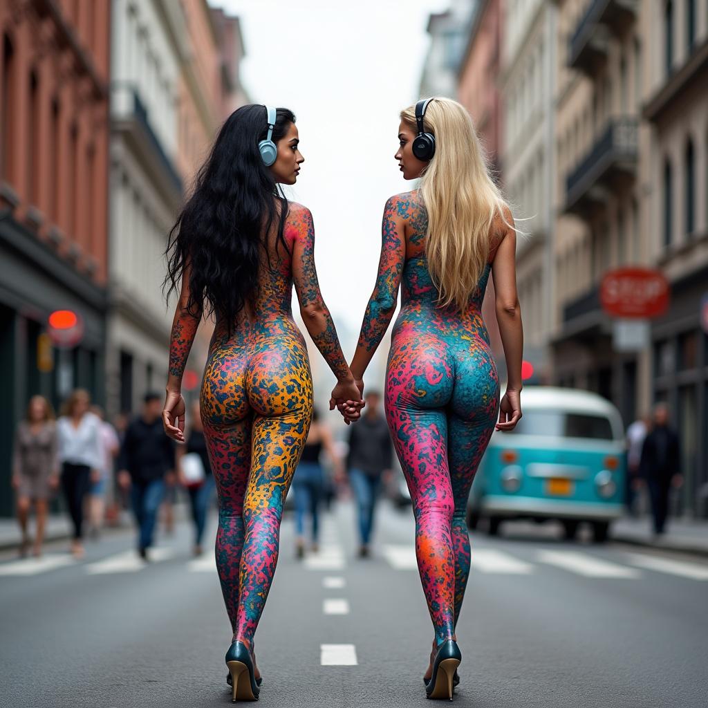On a busy city street, in the distance, two strikingly beautiful girls with very wide hips and thick shapely legs are walking toward the viewer