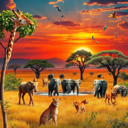 A majestic scene in the wild featuring various animals, including a graceful giraffe munching on leaves from a tall tree, a playful group of elephants splashing in a watering hole, and a pride of lions resting under a shady acacia tree