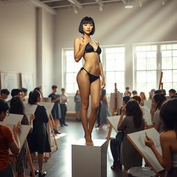 A slim Asian lady with a bobcut hairstyle and very small breasts, confidently posing on a pedestal in an art class