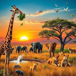A majestic scene in the wild featuring various animals, including a graceful giraffe munching on leaves from a tall tree, a playful group of elephants splashing in a watering hole, and a pride of lions resting under a shady acacia tree