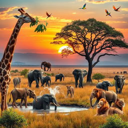 A majestic scene in the wild featuring various animals, including a graceful giraffe munching on leaves from a tall tree, a playful group of elephants splashing in a watering hole, and a pride of lions resting under a shady acacia tree