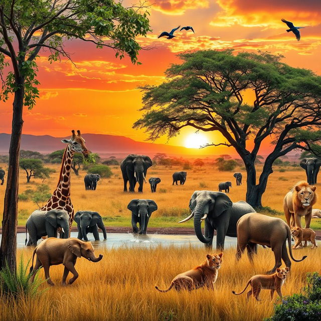 A majestic scene in the wild featuring various animals, including a graceful giraffe munching on leaves from a tall tree, a playful group of elephants splashing in a watering hole, and a pride of lions resting under a shady acacia tree