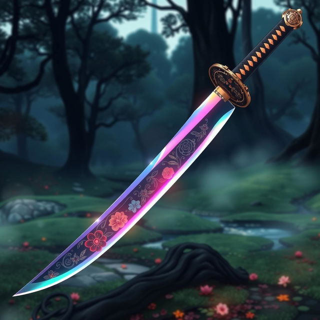 A beautifully crafted Nichirin sword inspired by the Demon Slayer anime, decorated intricately with floral motifs representing the Flower Breathing technique