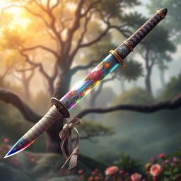 A beautifully crafted Nichirin sword inspired by the Demon Slayer anime, decorated intricately with floral motifs representing the Flower Breathing technique