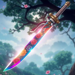A beautifully crafted Nichirin sword inspired by the Demon Slayer anime, decorated intricately with floral motifs representing the Flower Breathing technique