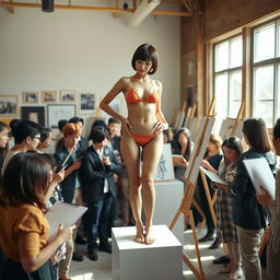 A slim Asian lady with a bobcut hairstyle and very small breasts, confidently posing on a pedestal in a crowded art class