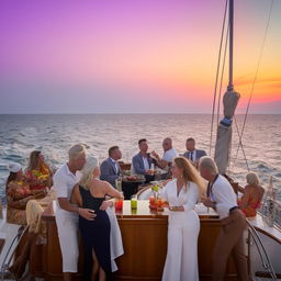 Nautical themed cocktail party at sunset with finely dressed guests holding vibrant tropical cocktails, on a luxury yacht with a rich teak deck, under a vibrant orange and purple sky on calm blue seas.