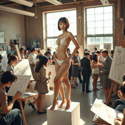 A slim Asian lady with a bobcut hairstyle and very small breasts, confidently posing on a pedestal in a bustling art class