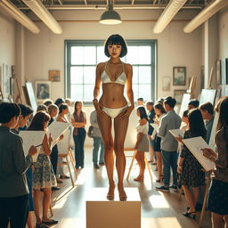 A slim Asian lady with a bobcut hairstyle and very small breasts, confidently posing on a pedestal in a bustling art class
