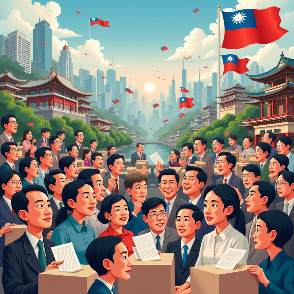 A vibrant montage depicting Taiwanese citizens of various backgrounds casting their votes in different settings, from bustling urban centers filled with modern skyscrapers to serene rural villages with traditional architecture