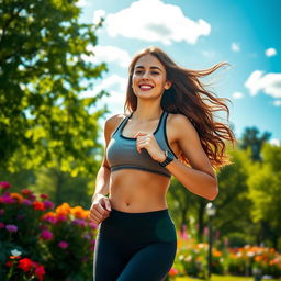 A fit and athletic young woman with sun-kissed skin, long wavy brown hair flowing as she jogs in a vibrant park filled with green trees and colorful flowers