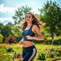 A fit and athletic young woman with sun-kissed skin, long wavy brown hair flowing as she jogs in a vibrant park filled with green trees and colorful flowers