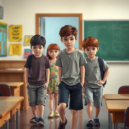A scene depicting three boys and one girl leaving a classroom, their expressions reflecting sadness