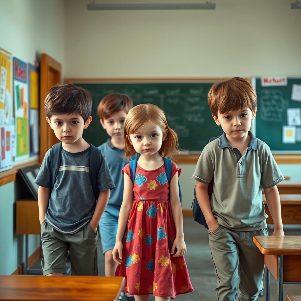 A scene depicting three boys and one girl leaving a classroom, their expressions reflecting sadness