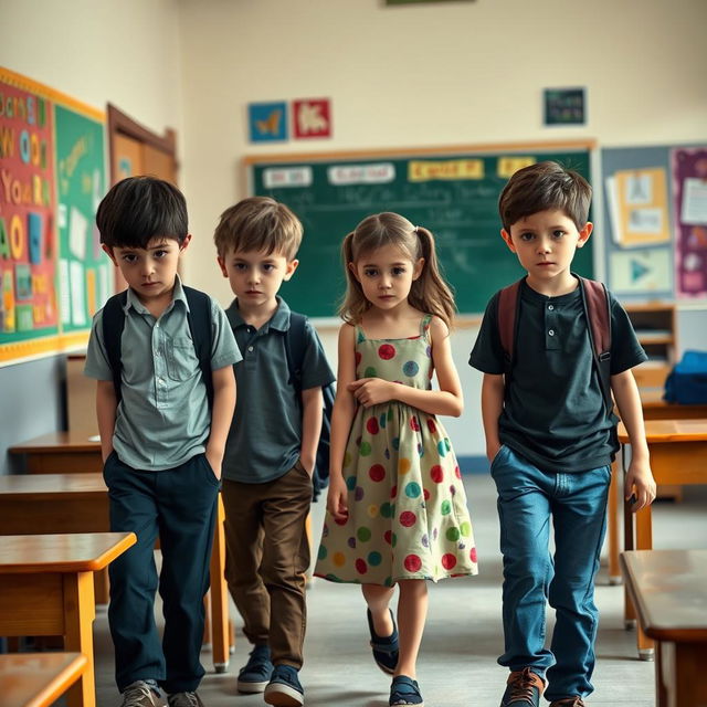 A scene depicting three boys and one girl leaving a classroom, their expressions reflecting sadness