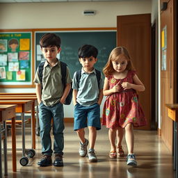 A scene depicting three boys and one girl leaving a classroom, their expressions reflecting sadness