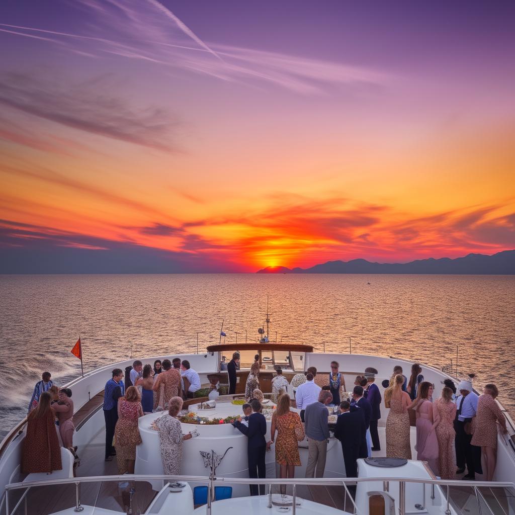 Nautical themed cocktail party at sunset with finely dressed guests holding vibrant tropical cocktails, on a luxury yacht with a rich teak deck, under a vibrant orange and purple sky on calm blue seas.