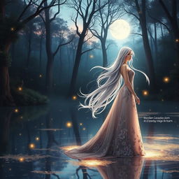 A beautiful and enchanting scene featuring a mystical forest at twilight, where soft light filters through the dense foliage