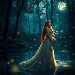 A beautiful and enchanting scene featuring a mystical forest at twilight, where soft light filters through the dense foliage