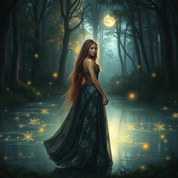 A beautiful and enchanting scene featuring a mystical forest at twilight, where soft light filters through the dense foliage
