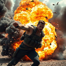 A dramatic scene showing a man caught in an explosion, depicted in a dynamic pose as he is propelled backward by the force
