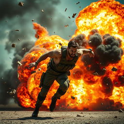 A dramatic scene showing a man caught in an explosion, depicted in a dynamic pose as he is propelled backward by the force