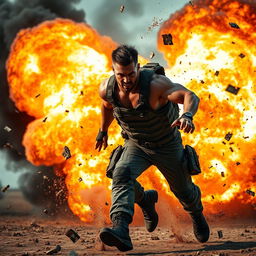 A dramatic scene showing a man caught in an explosion, depicted in a dynamic pose as he is propelled backward by the force
