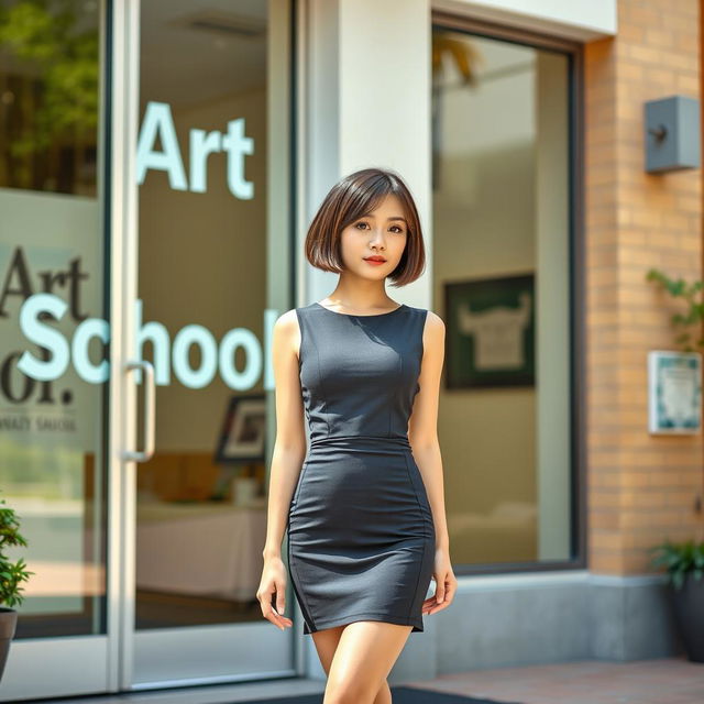 A slim Asian lady with a bobcut hairstyle and very small breasts stands confidently outside the entrance of an art school building