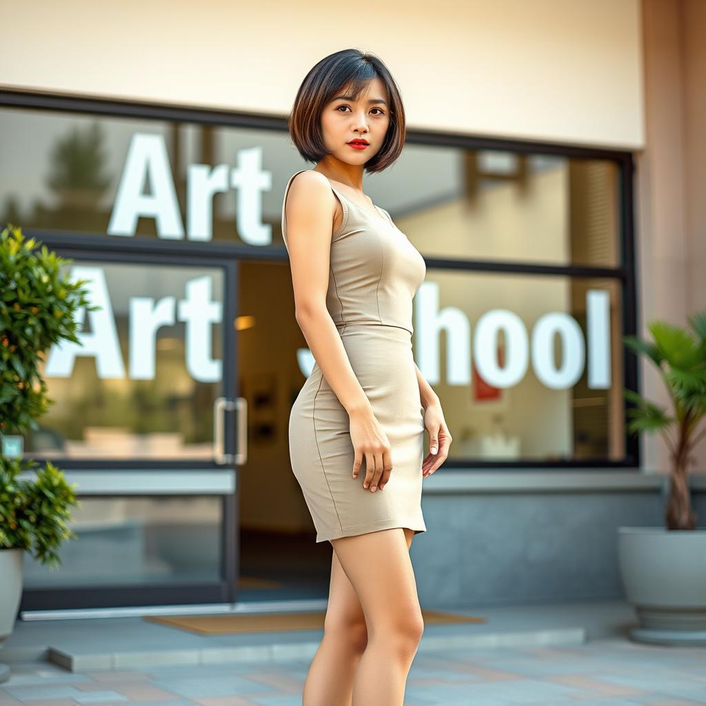 A slim Asian lady with a bobcut hairstyle and very small breasts stands confidently outside the entrance of an art school building