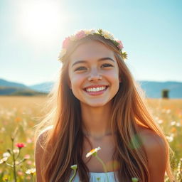 A cheerful young woman with a bright, radiant smile, her eyes sparkling with joy
