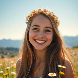 A cheerful young woman with a bright, radiant smile, her eyes sparkling with joy
