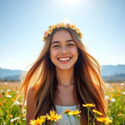 A cheerful young woman with a bright, radiant smile, her eyes sparkling with joy