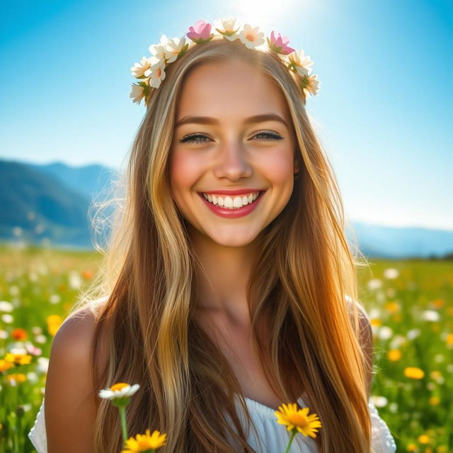 A cheerful young woman with a bright, radiant smile, her eyes sparkling with joy