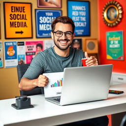 A happy man confidently managing a social media page, surrounded by vibrant colors and a lively atmosphere