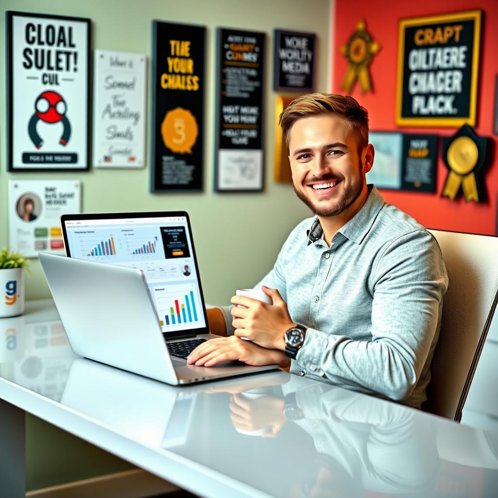 A happy man confidently managing a social media page, surrounded by vibrant colors and a lively atmosphere