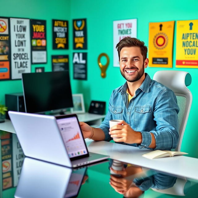 A happy man confidently managing a social media page, surrounded by vibrant colors and a lively atmosphere