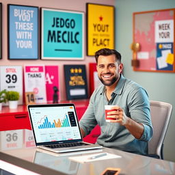 A happy man confidently managing a social media page, surrounded by vibrant colors and a lively atmosphere
