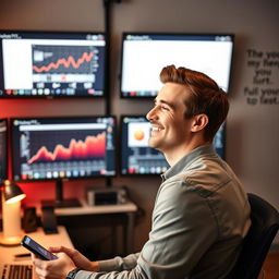 A happy man managing a successful social media page, captured from a profile angle