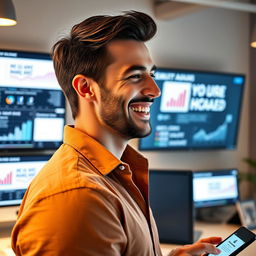 A happy man managing a successful social media page, captured from a profile angle