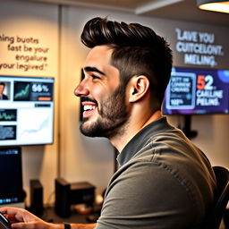 A happy man managing a successful social media page, captured from a profile angle