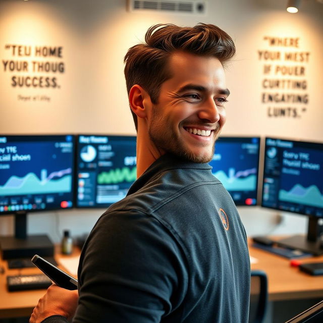 A happy man managing a successful social media page, captured from a profile angle