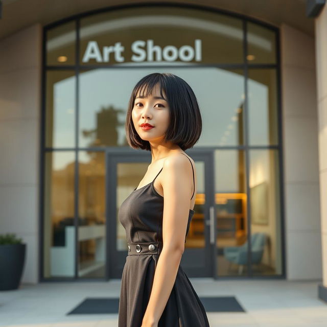 A slim Asian lady with a bobcut hairstyle and very small breasts stands confidently in front of a modern art school building