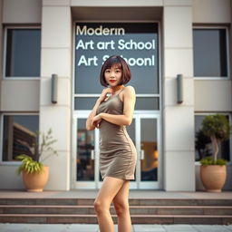 A slim Asian lady with a bobcut hairstyle and very small breasts stands confidently in front of a modern art school building