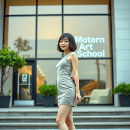 A slim Asian lady with a bobcut hairstyle and very small breasts stands confidently in front of a modern art school building