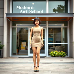 A slim Asian lady with a bobcut hairstyle and very small breasts stands confidently in front of a modern art school building