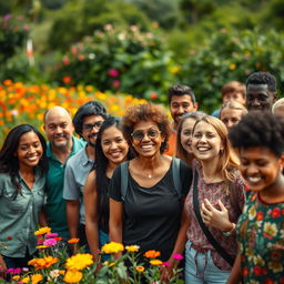 A vibrant scene featuring a diverse group of people standing together, with focus on the central figures, capturing joyful expressions and moments